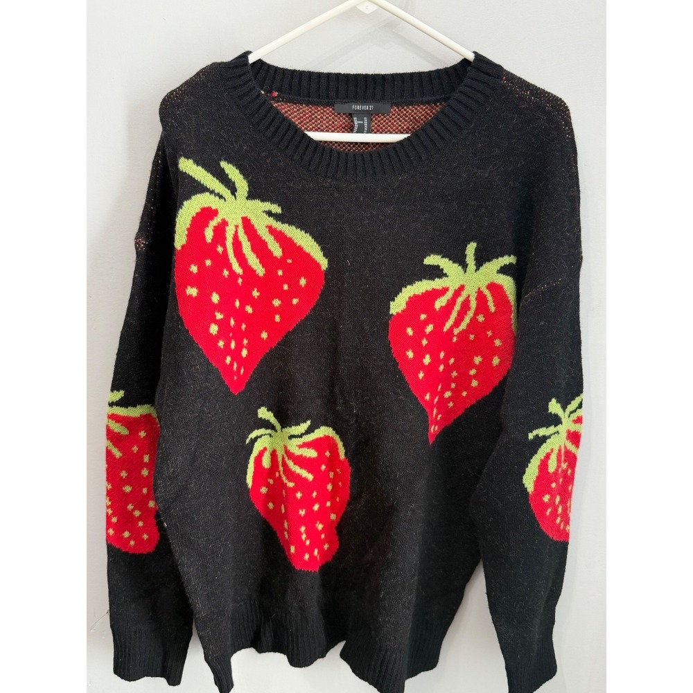 Forever 21 Womens Oversized Strawberry Knit Crewneck Sweater Black XL
